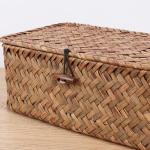 FEIALNDUO Wicker Shelf Baskets with Lid,Seagrass Storage Basket Bins Rectangular Handwoven Basket Boxes for Shelves Desktop Home Organizer (Coffee, X-Small)