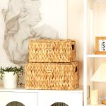 Edergoo Wicker Basket with Lid, Water Hyacinth Storage Baskets for Shelves, Large & Small Storage Basket with Lid and Built-in Handles, Hand Woven Hyacinth Baskets 2 Pack