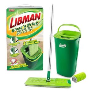 Libman Rinse 'n Wring Mop and Bucket System | Microfiber Floor Mop | Hardwood Floor Cleaner | Wet & Dry Mop | Clean & Dirty Water Chambers | Power Blades | 2 Total Microfiber Pads,Green
