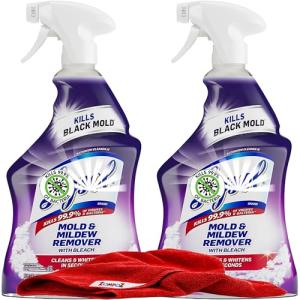 Mold and Mildew Remover with Bleach, 2 Pack Bathroom Cleaner Spray, Whitens and Removes Soap Scum and Stains on Tiles, Grout, Bathtubs, Toilets, Sinks, 32 oz. Each Plus Microfiber Cleaning Cloth