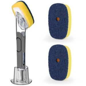 Dish Brush with Soap Dispenser Storage Set with 2 PCS Sponge Refills & Holder, Soap Dispensing Dish Brushes, Sponge with Soap Dispenser Handle, Dish Sponges with Handle for Dishes Pans Pots Sink