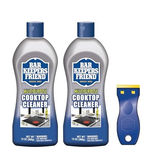 Bar Keepers Friend cooktop cleaner (with scraper) is safe for ceramic and stainless steel