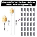 NEWONG Extendable Lambswool Duster 30-55inch with Aluminium Alloy Handle, Natural Long Feather Duster for Cleaning Fans, Ceiling, Bookshelevs, for Home&Office