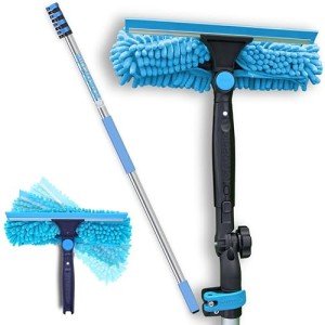 23ft Window Squeegee with Extension Pole, Window Cleaner Tool with 4-Stage Telescoping Pole, Window Cleaning Kit with 5-17ft Pole & Microfibre Cloths & Blades Replacement & Angle Adapter