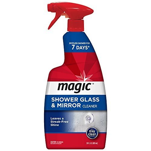 Magic shower glass and mirror cleaner removes hard water stains and soap scum