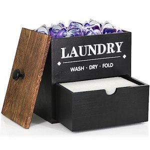Dryer Sheet Holder with Drawer and Lid, Wood Dryer Sheet Dispenser and Laundry Pods Container for Laundry Room Organization and Storage, Laundry Pod Holder Wall Mount for Laundry Room Decor (Black)
