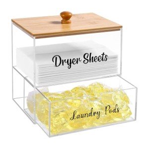 VOTLEVT Acrylic Laundry Pods Contianer and Dryer Sheet Holder Set with Bamboo Lid, Dishwasher Pods Container, Laundry Pods Holder, Laundry Soap Organizer, Laundry Room Organization and Storage