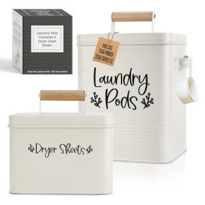 2-Set Laundry Pods Container With Dryer Sheet holder Matte Cream - Large Metal Laundry Pod Container & Dryer Sheets Holder Holds 150 Pods/300 Sheets - Farmhouse Laundry Room Organization & Storage