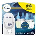 Febreze Plug in Air Freshener, Odor-Fighting Scented Oil Starter Kit, Air Fresheners for Home and Bathroom and Kitchen, Long Lasting for Strong Odors, Ocean Scent, Warmer + 2 Refill