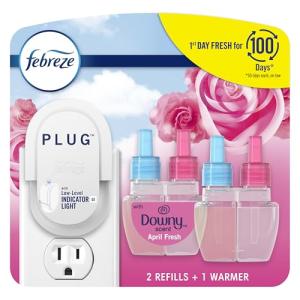Febreze Plug In Air Freshener, Odor-Fighting Scented Oil Starter Kit, Air Fresheners for Home and Bathroom and Kitchen, Long Lasting for Strong Odors, Downy April Fresh Scent, Warmer + 2 Refill