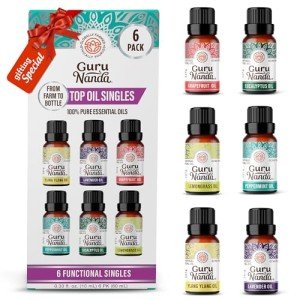 GuruNanda Essential Oils Set for Diffusers, 100% Pure, Aromatherapy, Massage, Candle & Soap Making Lavender, Peppermint, Eucalyptus, Grapefruit, Lemongrass, Ylang Ylang 0.33 Fl Oz (Pack of 6)