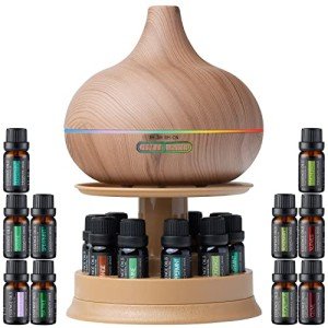 Ultimate Aromatherapy Ultrasonic 300ml Diffuser & Top 10 Therapeutic Grade Essential Oils Set w/Rotating Display Stand - 4 Timer & 7 Ambient Light Settings