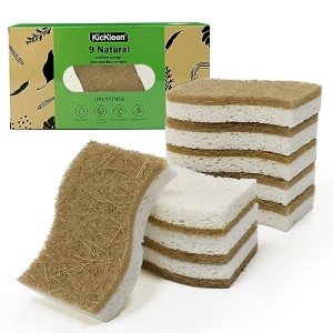 KICKLEEN 9 Pack Biodegradable Natural Kitchen Sponge - Compostable Cellulose and Coconut Walnut Scrubber Sponge - Eco Friendly Sustainable Sponges for Dishes