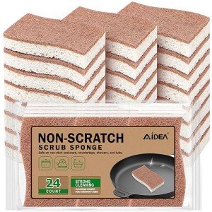 AIDEA Non Scratch Scrub Sponge, 24Count, Natural Sponges for Non Stick Cookware, Sponges Kitchen, Cellulose Sponges for Dishes, Cleaning Sponge for Kitchen, Bathroom, Household