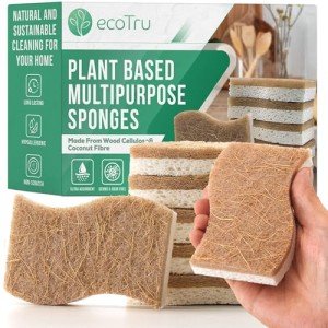 ecoTru 6 Pack Natural Kitchen Sponges, Compostable White Cellulose & Organic Coconut Scrubber Sponge for Washing Dishes, Kind Eco Friendly Non-Scratch & Biodegradable Dish Sponges