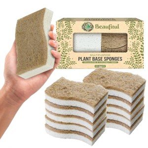 BEAUFITAL 20 Count Non-Scratch Natural Kitchen Sponge, Biodegradable Compostable Cellulose Coconut Scrubber, Eco Friendly Sponges for Dishes, Non-Stick Cookware, Bathroom, Heavy-Duty Cleaning
