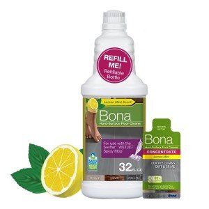 Bona Multi-Surface Floor Cleaner Bottle for use with Swiffer WETJET Spray Mop, Stone Tile Laminate and Vinyl LVT/LVP, Lemon Mint Scent, makes 64 Fl Oz - Includes Filled Bottle + Concentrate Refill