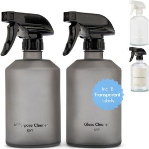 KIVY Glass Spray Bottles for Cleaning [INCL. LABELS] - Glass Spray Cleaning Bottles - Glass Spray Bottle for Cleaning, Plants & Hair - Glass Bottle Sprayer Reusable Refillable Spray Bottles (2x 16oz)