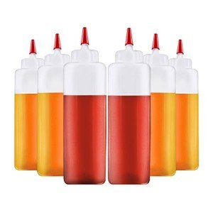 BOTTLIFY 16oz Squeeze Bottles with Red Cap-Pack of 6 Wide Mouth, Leak Proof Refillable Condiment Container for Kitchen Use