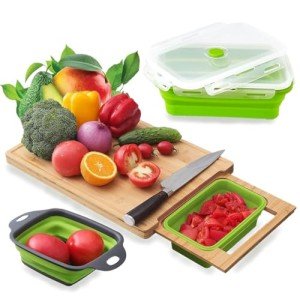Over-the-Sink Bamboo Cutting Board with 3 Collapsible Containers & Strainer – Large Wooden Meal Prep Station with Juice Groove, Locking Lids – Knife-Friendly Kitchen Chopping Board (Green)