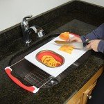 Over the Sink Extendable Cutting Board w Built-In Collapsible Silicone Colander - Strain Pasta, Chop Fruit & Vegetables- Fits Large or Small Sinks