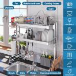 LIVOD Over The Sink Dish Drying Rack, 3-Tier Drying Drainer Rack Over Sink Stainless Steel Adjustable (29.1''~37.4''), Sink Drying Rack with Pots and Pans Rack (Silver)