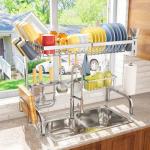 Over The Sink Dish Drying Rack, Adjustable (25.5 to 33.5 inch) 2 Tier Metal Steel Dish Drying Racks for Kitchen Counter with Hooks Paper Towel Utensil Cup Holder Sink Caddy (Silver)