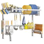 Over The Sink Dish Drying Rack, Adjustable (25.5 to 33.5 inch) 2 Tier Metal Steel Dish Drying Racks for Kitchen Counter with Hooks Paper Towel Utensil Cup Holder Sink Caddy (Silver)