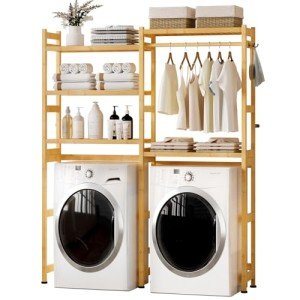 Cozivolife Over the Washer and Dryer Storage Shelf Bamboo,5 Tiers Laundry Room Drying Rack with Adjustable Shelves and 4 Hooks,Space Saver Organizer for Hanging Clothes and Towels (Natural)