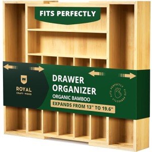 Luxury Bamboo Kitchen Drawer Organizer - Silverware Organizer - Utensil Holder and Cutlery Tray with Grooved Drawer Dividers for Flatware and Kitchen Utensils (9 Slot, Natural)