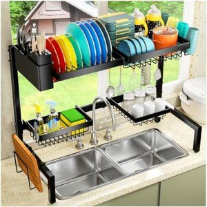 YKLSLH 4 Baskets Over The Sink Dish Drying Rack, Extendable Large Capacity Sink Rack, Metal Drying Rack Saving Space,for Most Sinks (24.8 "-35.4")