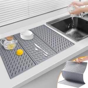 Silicone Dish Drying Mat, Collapsible Trifold Large Silicone Drying Mat, Silicone Mats for Kitchen Counter, Dish Drying Mat for Multiple Usage, Easy Clean, Heat-Resistant, BPA Free(24×16in)