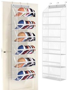AOODA Clear Over The Door Hat Racks for Baseball Caps, Large Holds up to 72 Caps Hat Storage Organizer for Closet Wall, Deep Pockets Hanging Snapback Holder Shelves with 3 Hooks, White