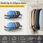 KIMBORA Metal Hat Rack for Wall, Organizer Holds 22 Baseball Caps, Wall Mounted Storage Shelves Fits All Caps, 2 Packs Holder Display, Black