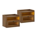 ChooChoo Floating Nightstand Set of 2 with LED Lights, Floating Bedside Table with Drawers, Modern Nightstand, Bedside Shelf Wall Mounted End Table for Bedroom Room, Walnut
