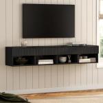 EYYTHUNG Fluted Floating Nightstand Set of 2 with Drawer, Modern Night Stand with Fluted Door and Open Storage Shelf Wall Mounted Bedside Table for Bedroom, Entryway Black