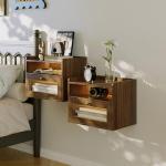 ChooChoo Floating Nightstand Set of 2 with LED Lights, Floating Bedside Table with Drawers, Modern Nightstand, Bedside Shelf Wall Mounted End Table for Bedroom Room, Walnut
