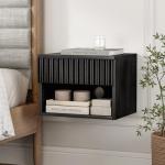 EYYTHUNG Fluted Floating Nightstand Set of 2 with Drawer, Modern Night Stand with Fluted Door and Open Storage Shelf Wall Mounted Bedside Table for Bedroom, Entryway Black