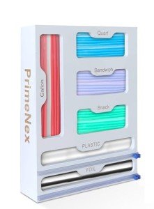 PrimeNex Storage Bag organizer, 6 in 1 Foil and Plastic Wrap Dispenser with Cutter, Bamboo Kitchen Drawer Organizer Food Bag Organizer for Gallon, Quart, Sandwich, Snack Bags (White)