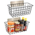 Ptinyiv 2 Pack Hanging Wall Basket Wire Storage Baskets, Adhesive Basket for Cabinet Door Organizer No Drilling, Hanging Fruit Baskets for Kitchen, Pantry Organization, Bathroom, Black