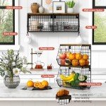 Goozii Hanging Wall Fruit Basket for Kitchen Counter 2 Pack, Stackable Wire Baskets for Organizing with Wood Lid, Potato and Onion Storage Bin with Banana Hook for Vegetable Produce, Black + Rustic