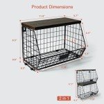 Goozii Hanging Wall Fruit Basket for Kitchen Counter 2 Pack, Stackable Wire Baskets for Organizing with Wood Lid, Potato and Onion Storage Bin with Banana Hook for Vegetable Produce, Black + Rustic