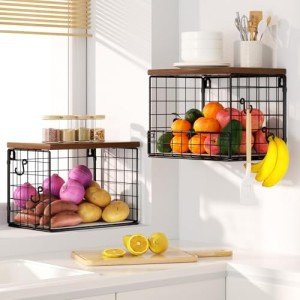 Trecaan Fruit Basket for Kitchen Counter, 2 Tier Stackable Hanging Wall Wire Baskets with Wood Lid, Kitchen Countertop Organizer for Bread Snack Vegetable Produce, Potato and Onion Storage Bin, Black