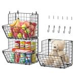 X-cosrack Metal Wire Basket Wall Mount, 3 Tier Wall Storage Organizer with 5 S Hooks, Kitchen Fruits and Vegetables Bin Toys Organizer Hanging Basket Black (S (10.83" L x 10.63" W x 30" H))