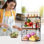 Trecaan Fruit Basket for Kitchen Counter, 2 Tier Stackable Hanging Wall Wire Baskets with Wood Lid, Kitchen Countertop Organizer for Bread Snack Vegetable Produce, Potato and Onion Storage Bin, Black