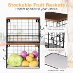 Trecaan Fruit Basket for Kitchen Counter, 2 Tier Stackable Hanging Wall Wire Baskets with Wood Lid, Kitchen Countertop Organizer for Bread Snack Vegetable Produce, Potato and Onion Storage Bin, Black