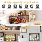 Trecaan Fruit Basket for Kitchen Counter, 2 Tier Stackable Hanging Wall Wire Baskets with Wood Lid, Kitchen Countertop Organizer for Bread Snack Vegetable Produce, Potato and Onion Storage Bin, Black