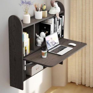 Bixiaomei Wall-Mounted Drop-Leaf Desk with Shelves - Dark Grey