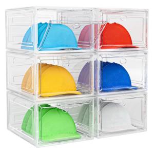 YKLSLH Hat Organizer Box, 6 Boxes for 40 Pack Hats, Upgrade Harder Solid Plastic Hat Organizer for Baseball Caps, Clear Hat Storage with Magnetic Door, Hat Rack, Hat Holder, Hat Case, Hat Box, White