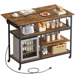 Rolling Kitchen Island with Drop Leaf and Power Strip